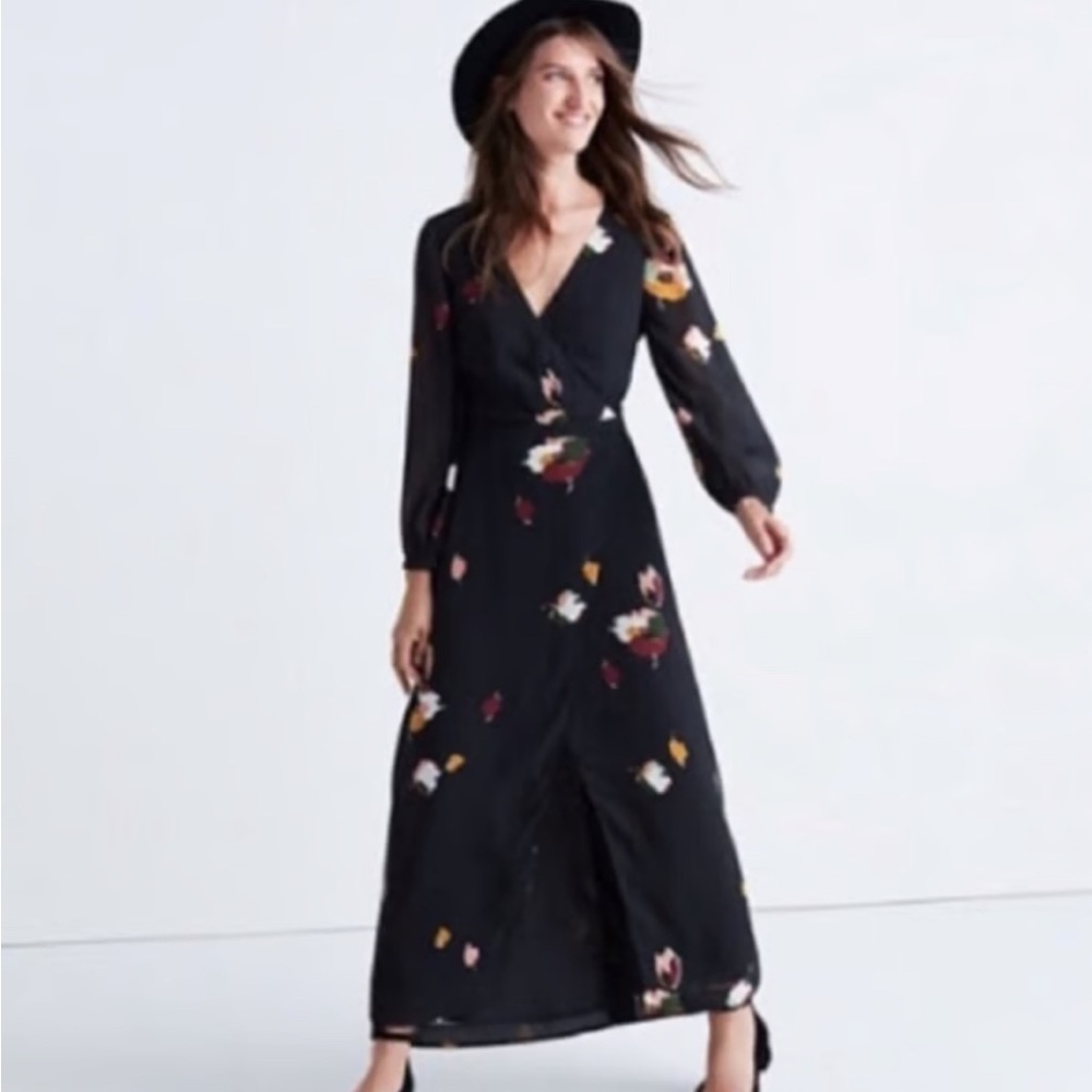 Madewell Black Floral V-Neck Long Sleeve Dress